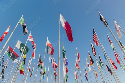 Low angle shot of Flag Plaza against a cloudless blue sky for Fifa World Cup 2022