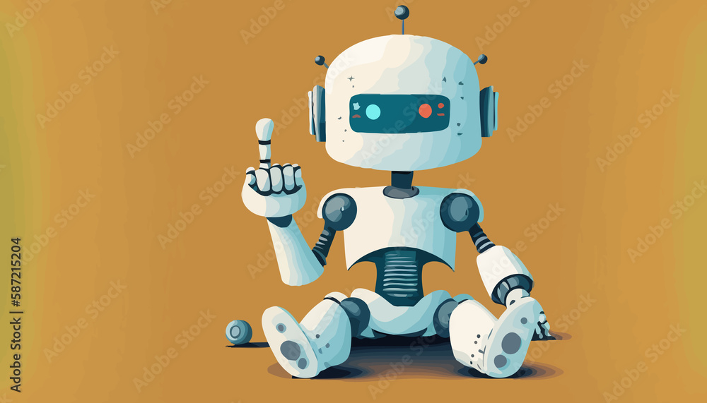 A cute robot sits on the floor and points his finger upwards. Neutral background. Vector style. Space for text. A cute robot sits on the floor and points his finger upwards. Neutral background. Vector style. Space for text.
