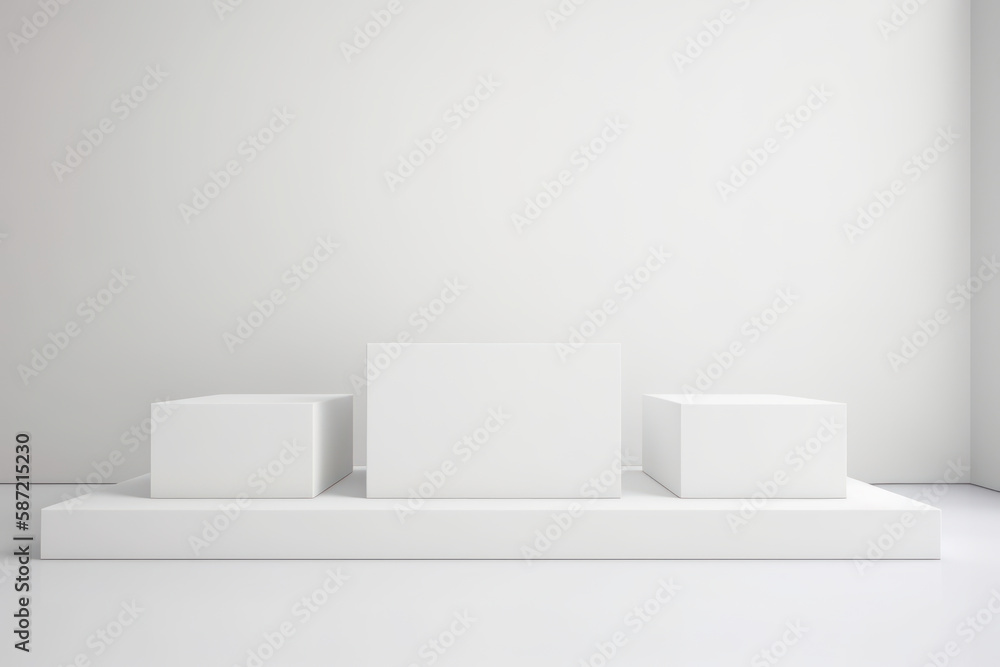 White square podium on white background. Showcase for cosmetic products, goods, shoes, bags, watches. Generative AI. White square podium on white background. Showcase for cosmetic products, goods, shoes, bags, watches. Generative AI.