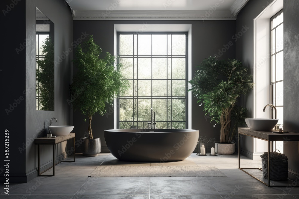 Interior of a bathroom in a deep gray color with a white wooden floor, a bathtub made of white, and trees hidden behind a glass wall. a banner. a mockup. Generative AI