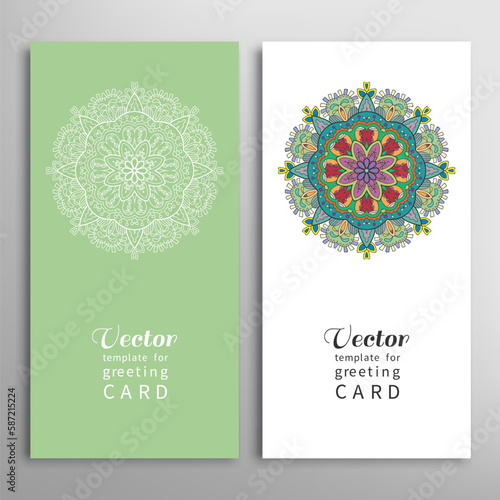 Cards or Invitations set with tribal ethnic mandala ornament  doodle floral geometric pattern for wedding  bridal  Valentine s day  greeting card or birthday invitation. Decorative colorful background