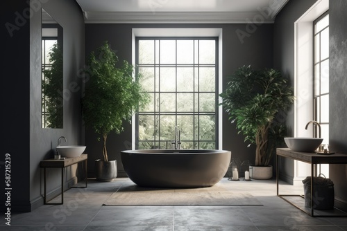 Interior of a bathroom in a deep gray color with a white wooden floor, a bathtub made of white, and trees hidden behind a glass wall. a banner. a mockup. Generative AI © AkuAku