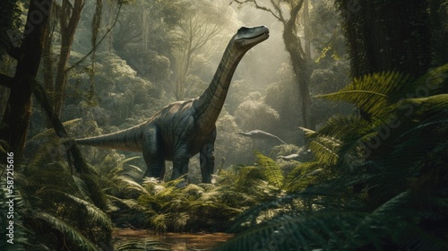Fototapeta Naklejka Na Ścianę i Meble -  Captivating Brachiosaurus Roaming the Primordial Forest: Detailed 16:9 Image Showcasing Iconic Features and Muscular Frame. Generative AI Illustration