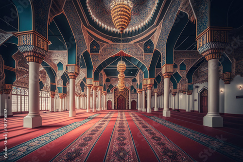 Interior of muslim mosque in traditional design colorful style with arabic ornaments AI generated © Oleksandr