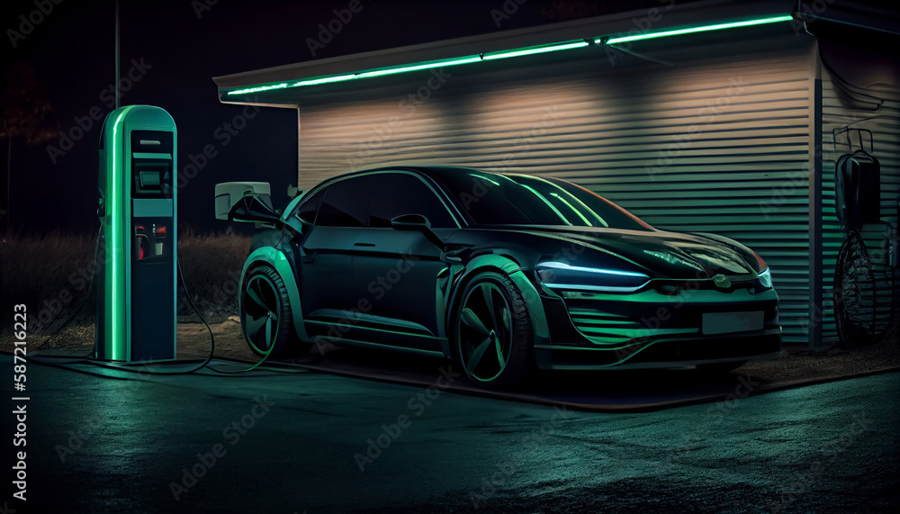 Electric car charging on the station, illustration. Green neon glowing EV vehicle filling up a battery. Modern hybrid Electric car charging on the station, illustration. Green neon glowing EV vehicle filling up a battery. Modern hybrid