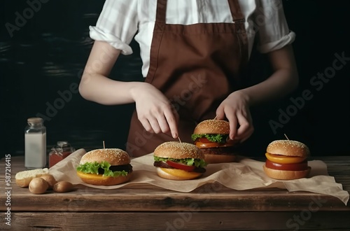 A picture of a cook wearing an apron standing at a table with a hamburger in the kitchen against a dark backdrop. AI-generated images