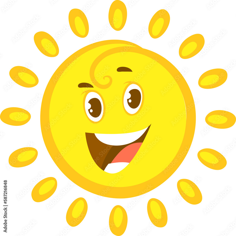 Fototapeta premium Cheerful sun character with happy face, light rays