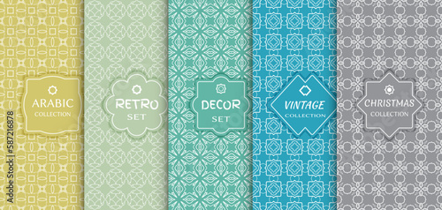 Set of seamless line patterns, colored background. Stylish decorative vintage, retro, arabic, christmas label decor set. Abstract geometric frame, vector illustration. Art Deco style, light colors