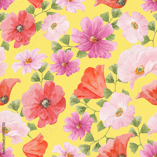 Beautiful floral seamless pattern with watercolor hand drawn summer red pink flowers. Stock illustration.