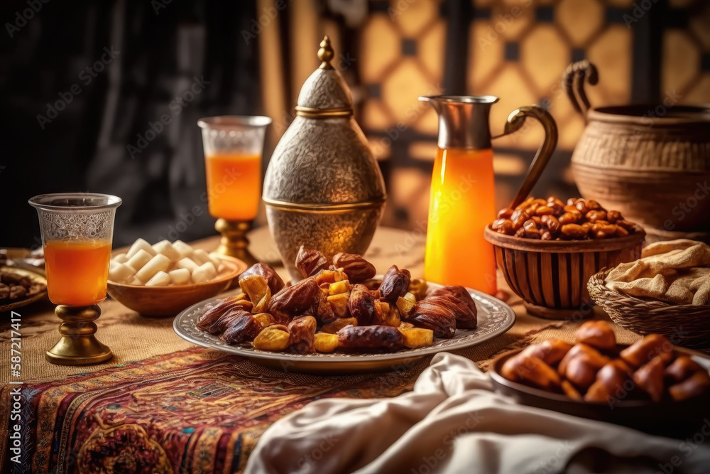 Close up variety of table with arabic food during iftar meal on ramadan AI generated Close up variety of table with arabic food during iftar meal on ramadan AI generated