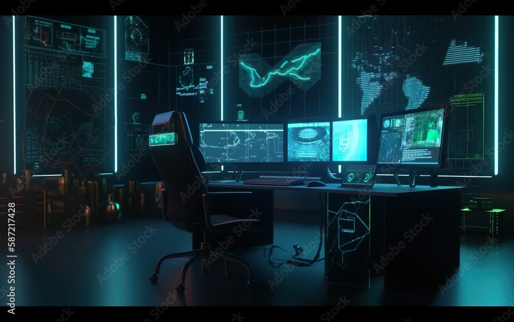 Naklejka premium Futuristic office in dark and blue surrounding.