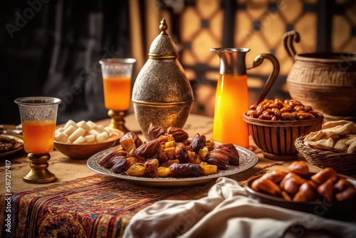 Close up variety of table with arabic food during iftar meal on ramadan AI generated
