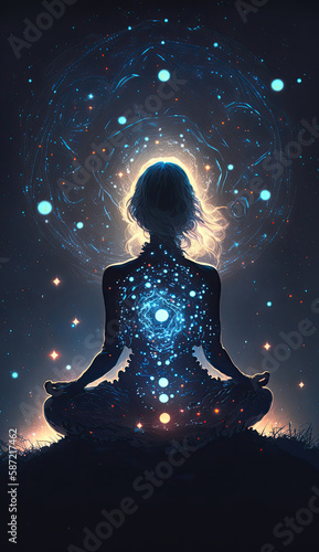Yoga concept with back view woman sitting in lotus pose against starry sky background AI generated © Oleksandr