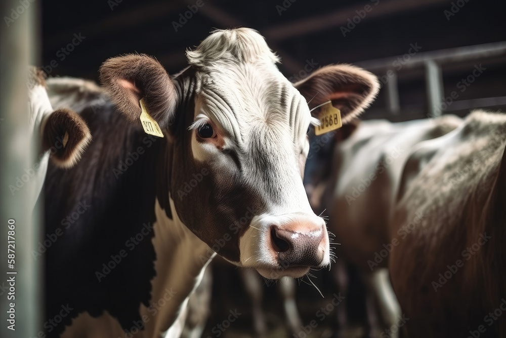 Cows on Farm eating hay in the stable, close up. Banner modern farm dairy and meat production livestock industry, generative AI