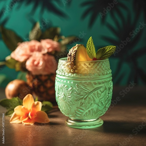 Vintage Tiki Charm: Decorative Cocktail with Fruit and Flowers - Regenerative AI photo