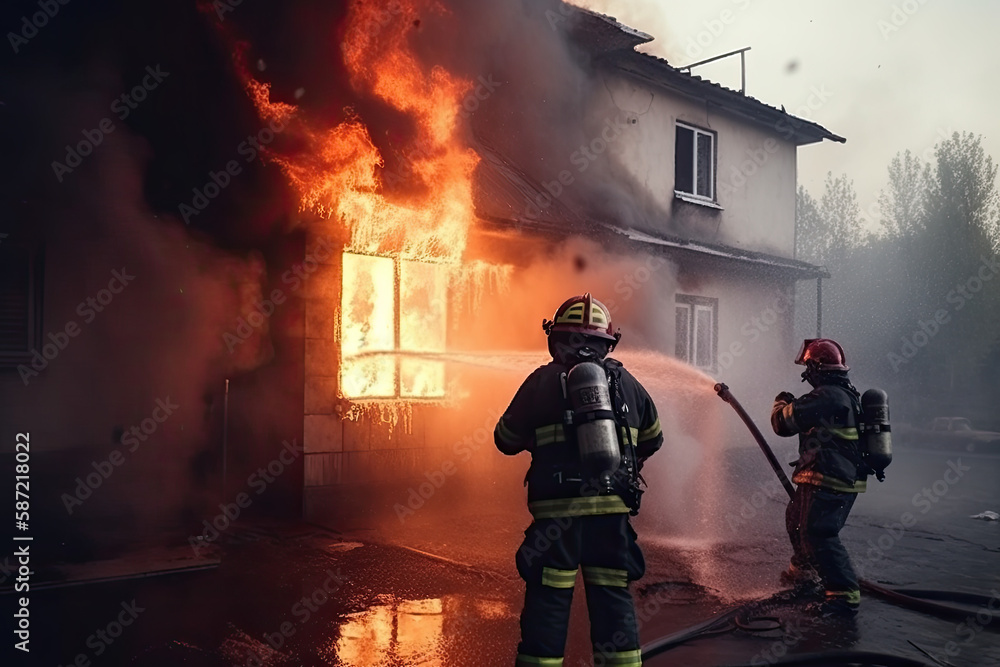 Fireman saves man from burning home. Firefighters use water and fire extinguishers to extinguish flames in emergency situations, generative AI