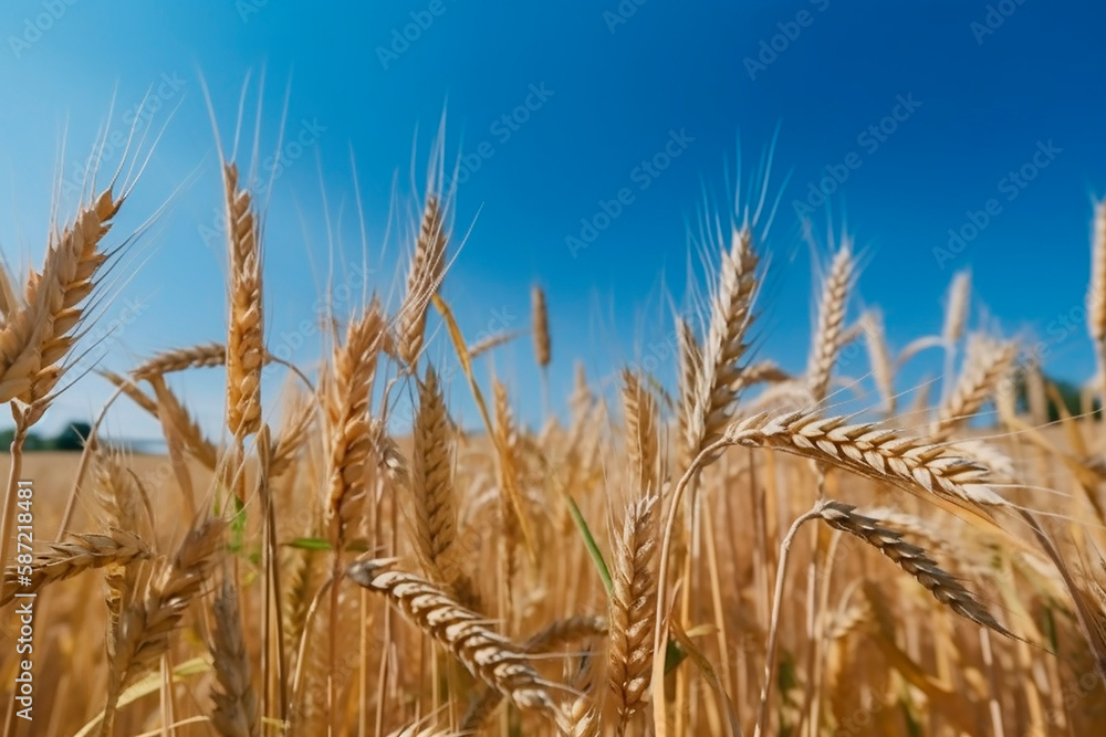Wheat field. Ears of golden wheat close up. Beautiful Rural Scenery under Shining Sunlight and blue sky. Background of ripening ears of meadow wheat field. Generative AI. Wheat field. Ears of golden wheat close up. Beautiful Rural Scenery under Shining Sunlight and blue sky. Background of ripening ears of meadow wheat field. Generative AI.