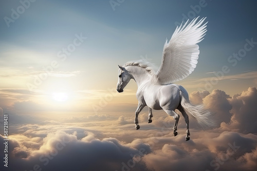 Majestic Pegasus horse flying high above the clouds. Flight of the Pegasus  generative AI