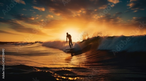 Surfer Silhouette Riding the Sunset Wave. Generative ai