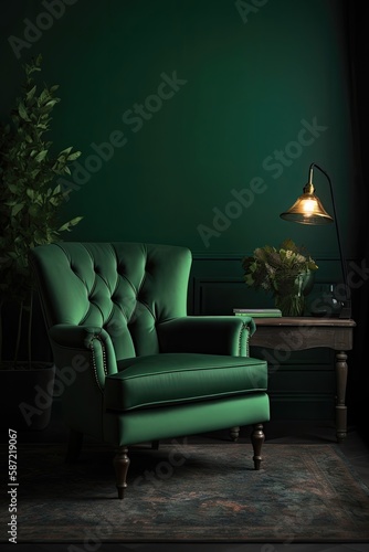 Living room with green armchair on empty dark green wall. Generative AI