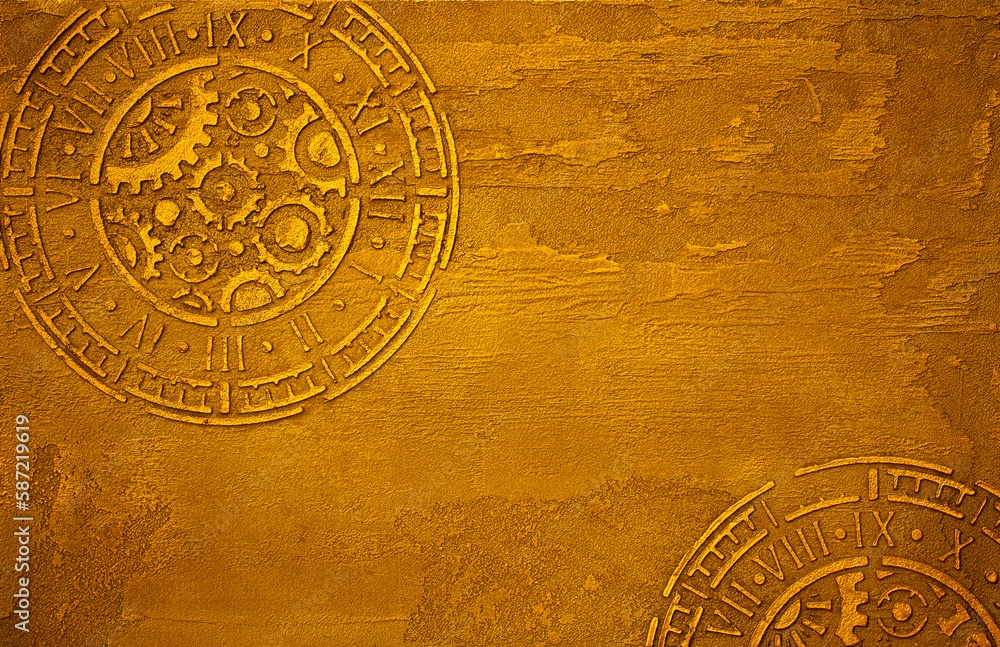 Naklejka premium Golden background with a pattern of mechanical clocks with gears. Golden wall with abstract spots as a background. Beautiful yellow texture with patterns, decorative plaster.