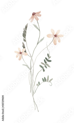 Beautiful floral stock illustration with hand drawn watercolor wild field flowers. Clip art.