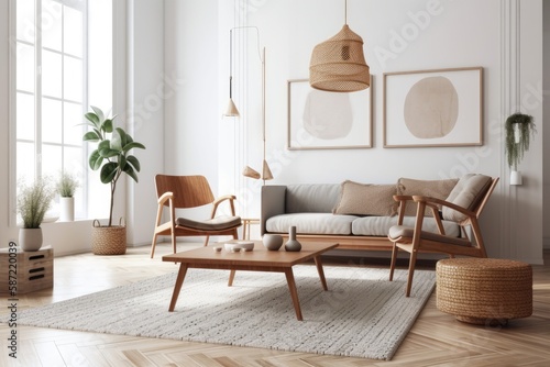 Modern living room with two seats near coffee table and home decorating, scandinavian style, empty white wall mockup. Generative AI
