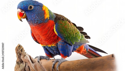 Picture of a lory parrot (lorius lory) perched on a white backdrop. Generative AI photo