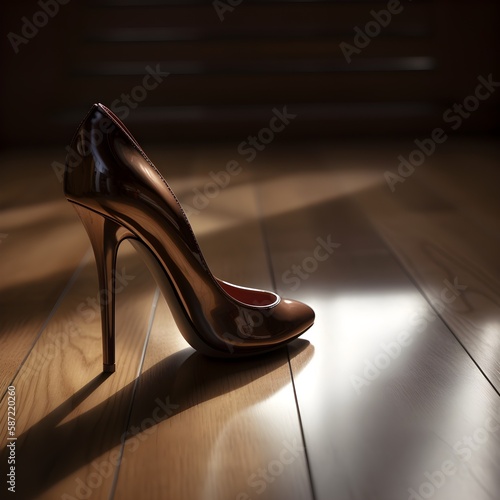 Shiny leather high-heel shoes with a towering stiletto heel, standing alone on a hardwood floor, Generative AI