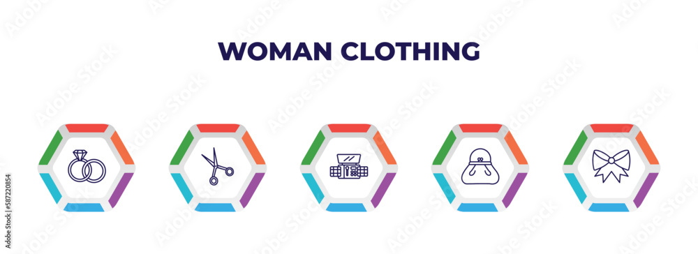 editable outline icons with infographic template. infographic for woman clothing concept. included engagement ring, scissors inverted view, eyes shades makeup, female black handbag, bow black icons.