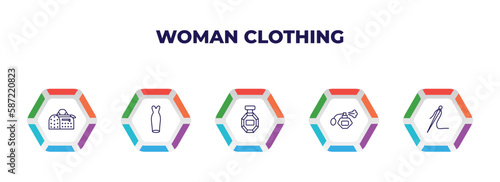 editable outline icons with infographic template. infographic for woman clothing concept. included fashionable hand bag, strapless tube dress, stylish perfume bottle, parfum bottle, needle icons.