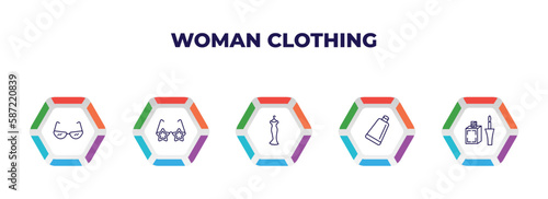 editable outline icons with infographic template. infographic for woman clothing concept. included cat eyes glasses, childish eyeglasses, female long black dress, creme container black, liquid