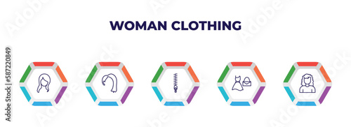 editable outline icons with infographic template. infographic for woman clothing concept. included female with long hair, hair wig with side, zip, feminine fashion, curling hair icons.