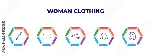 editable outline icons with infographic template. infographic for woman clothing concept. included eyes makeup pencils, rectangular, hair clip tool, skirt black short, shoulder length icons.