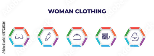 editable outline icons with infographic template. infographic for woman clothing concept. included reading eyeglasses, safety pin, female wallet, thread spool, hobo shoulder bag icons.