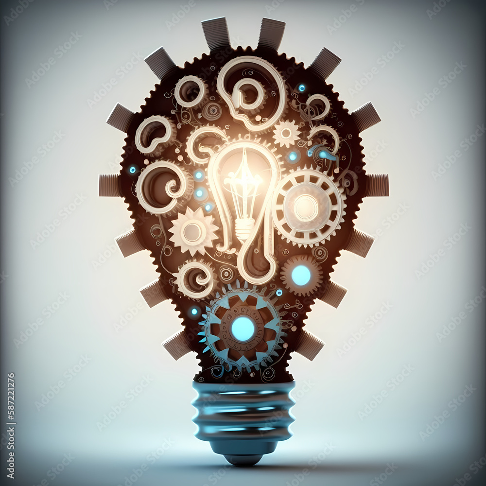 idea concept bulb and gear. Generative AI idea concept bulb and gear. Generative AI