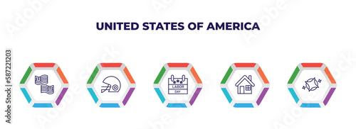 editable outline icons with infographic template. infographic for united states of america concept. included usa, rugby helmet, labor day, white house, blessings icons.
