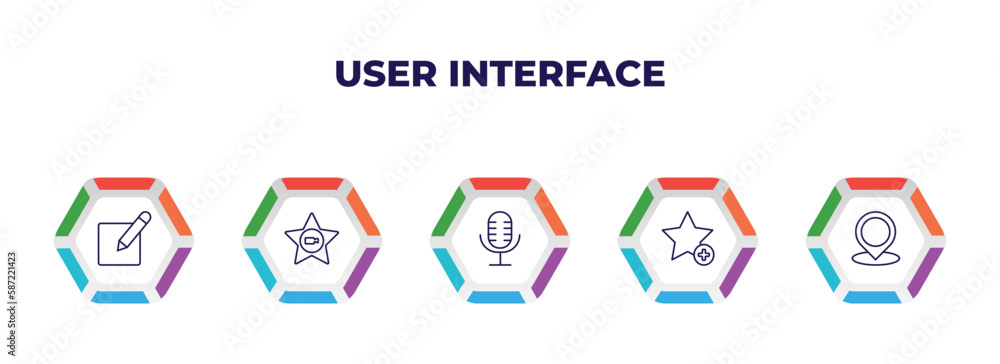 editable outline icons with infographic template. infographic for user interface concept. included editor, cinema star, mic interface, add to favorite, point at icons. editable outline icons with infographic template. infographic for user interface concept. included editor, cinema star, mic interface, add to favorite, point at icons.