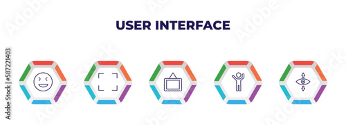 editable outline icons with infographic template. infographic for user interface concept. included joyful smile, corners, image with frame, about successful man, perspectives icons.