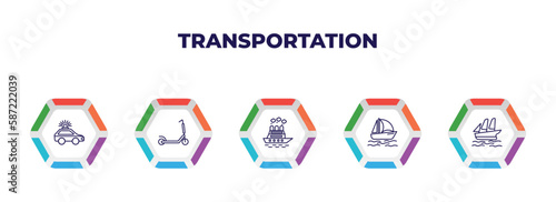 editable outline icons with infographic template. infographic for transportation concept. included patrol car, kick scooter, icebreaker ship, catamaran, schooner icons.