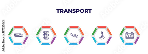 editable outline icons with infographic template. infographic for transport concept. included school bus empty, semaphore, bobsleigh, space rocket launch, workshop repair icons.