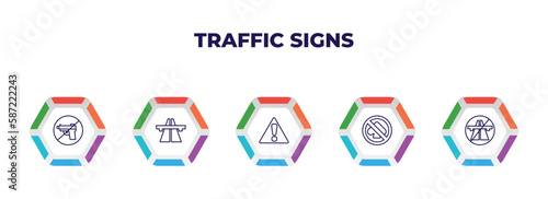 editable outline icons with infographic template. infographic for traffic signs concept. included no weapons, motorway, danger, no gambling, end motorway icons.