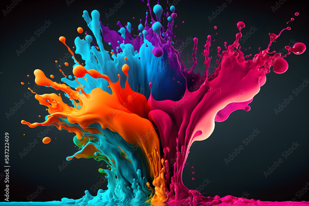 Colorful bright abstract splash in fluid art style on a black background. Generated AI