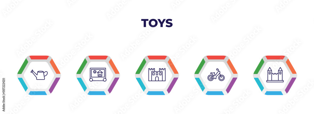 editable outline icons with infographic template. infographic for toys concept. included watering can toy, etch a sketch toy, bouncy castle toy, ride on castle icons. editable outline icons with infographic template. infographic for toys concept. included watering can toy, etch a sketch toy, bouncy castle toy, ride on castle icons.