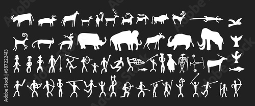 Cave painting prehistoric rock art hand drawn sketch style vector illustration set. Rock age cave paintings set with prehistoric wild animals, tribal people and village buildings.