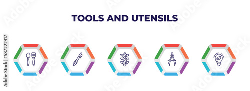 editable outline icons with infographic template. infographic for tools and utensils concept. included tools and utensils, writing tools, semaphore light, maths compass tool, eco light bulb icons.