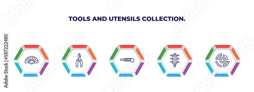 editable outline icons with infographic template. infographic for tools and utensils collection. concept. included chinese fan, wire cutter, paper cutter, semaphore lights, radial icons.