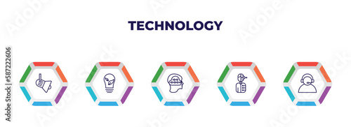 editable outline icons with infographic template. infographic for technology concept. included cinema light with cable, ecologic bulb, binary mind, humanoid robot, telemarketing icons.
