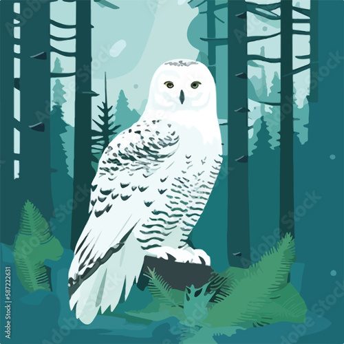 Snowy owl in arctic forest. Arctic birds in natural habitat. Flat vector illustration concept. Generative AI