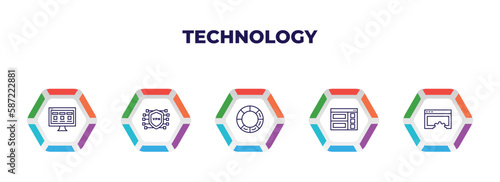 editable outline icons with infographic template. infographic for technology concept. included front end, vpn, colory theory, semantic elements, website optimization icons.